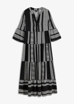 bonprix Nachhaltigere Materialien|Kleider^Maxikleid aus fließender Viskose schwarz/wollweiß graphisch bedruckt