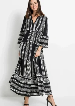 bonprix Nachhaltigere Materialien|Kleider^Maxikleid aus fließender Viskose schwarz/wollweiß graphisch bedruckt