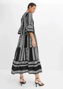 bonprix Nachhaltigere Materialien|Kleider^Maxikleid aus fließender Viskose schwarz/wollweiß graphisch bedruckt