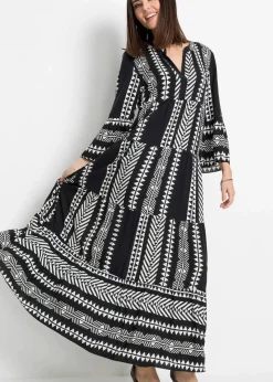 bonprix Nachhaltigere Materialien|Kleider^Maxikleid aus fließender Viskose schwarz/wollweiß graphisch bedruckt