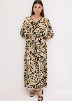 bonprix Kleider^Maxikleid aus fließender Viskose mit Pailletten sand/schwarz/khaki leo bedruckt