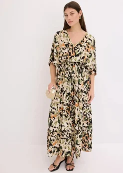 bonprix Kleider^Maxikleid aus fließender Viskose mit Pailletten sand/schwarz/khaki leo bedruckt