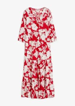 bonprix Nachhaltigere Materialien|Kleider^Maxikleid aus fließender Viskose tomatenrot/weiß geblümt
