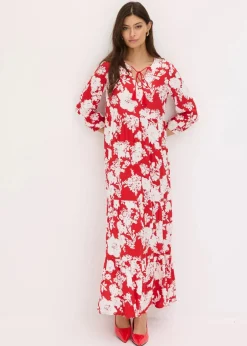 bonprix Nachhaltigere Materialien|Kleider^Maxikleid aus fließender Viskose tomatenrot/weiß geblümt