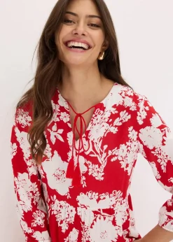 bonprix Nachhaltigere Materialien|Kleider^Maxikleid aus fließender Viskose tomatenrot/weiß geblümt