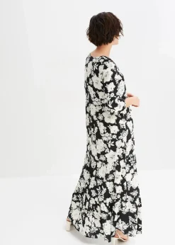 bonprix Bekleidung·Pullover & Strickjacken|Kleider^Maxikleid aus fließender Viskose schwarz/creme geblümt