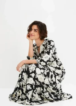 bonprix Bekleidung·Pullover & Strickjacken|Kleider^Maxikleid aus fließender Viskose schwarz/creme geblümt
