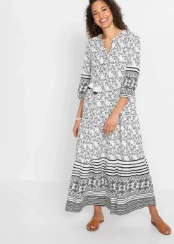 bonprix Nachhaltigere Materialien|Kleider^Maxikleid aus fließender Viskose weiß/schwarz graphisch bedruckt