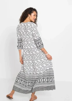 bonprix Nachhaltigere Materialien|Kleider^Maxikleid aus fließender Viskose weiß/schwarz graphisch bedruckt
