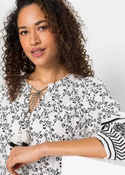 bonprix Nachhaltigere Materialien|Kleider^Maxikleid aus fließender Viskose weiß/schwarz graphisch bedruckt