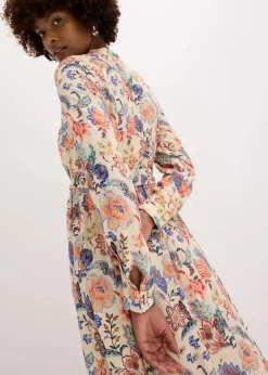 bonprix Nachhaltigere Materialien|Kleider^Maxikleid aus fließender Viskose beige/blau/braun geblümt
