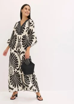 bonprix Bekleidung·Pullover & Strickjacken|Kleider^Maxikleid aus fließender Viskose schwarz/wollweiß bedruckt
