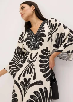 bonprix Bekleidung·Pullover & Strickjacken|Kleider^Maxikleid aus fließender Viskose schwarz/wollweiß bedruckt