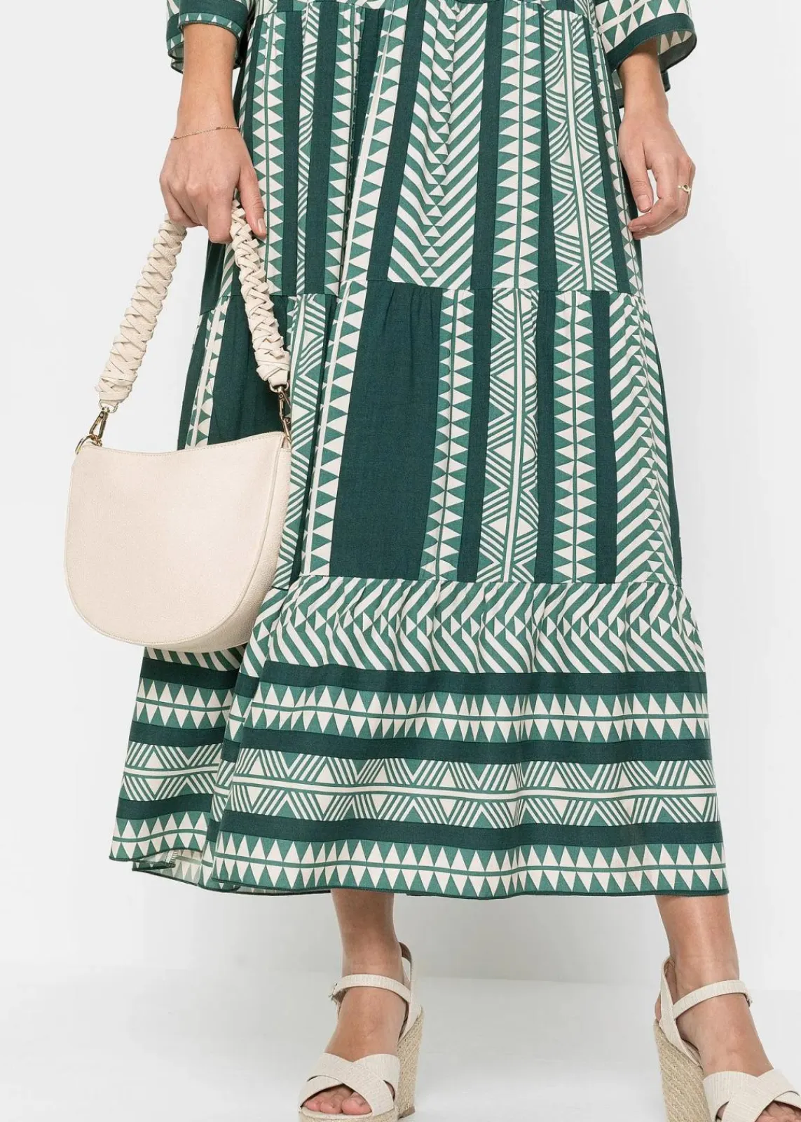 bonprix Bekleidung·Pullover & Strickjacken|Kleider^Maxikleid aus fließender Viskose petrolgrün/beige graphisch bedruckt