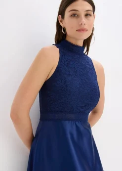 bonprix Bekleidung·Pullover & Strickjacken|Festliche Mode^Maxikleid aus glänzendem Satin mit Spitze mitternachtsblau