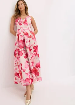 bonprix Bekleidung·Pullover & Strickjacken|Festliche Mode^Maxikleid aus glänzendem Satin weiß/hellrot floral