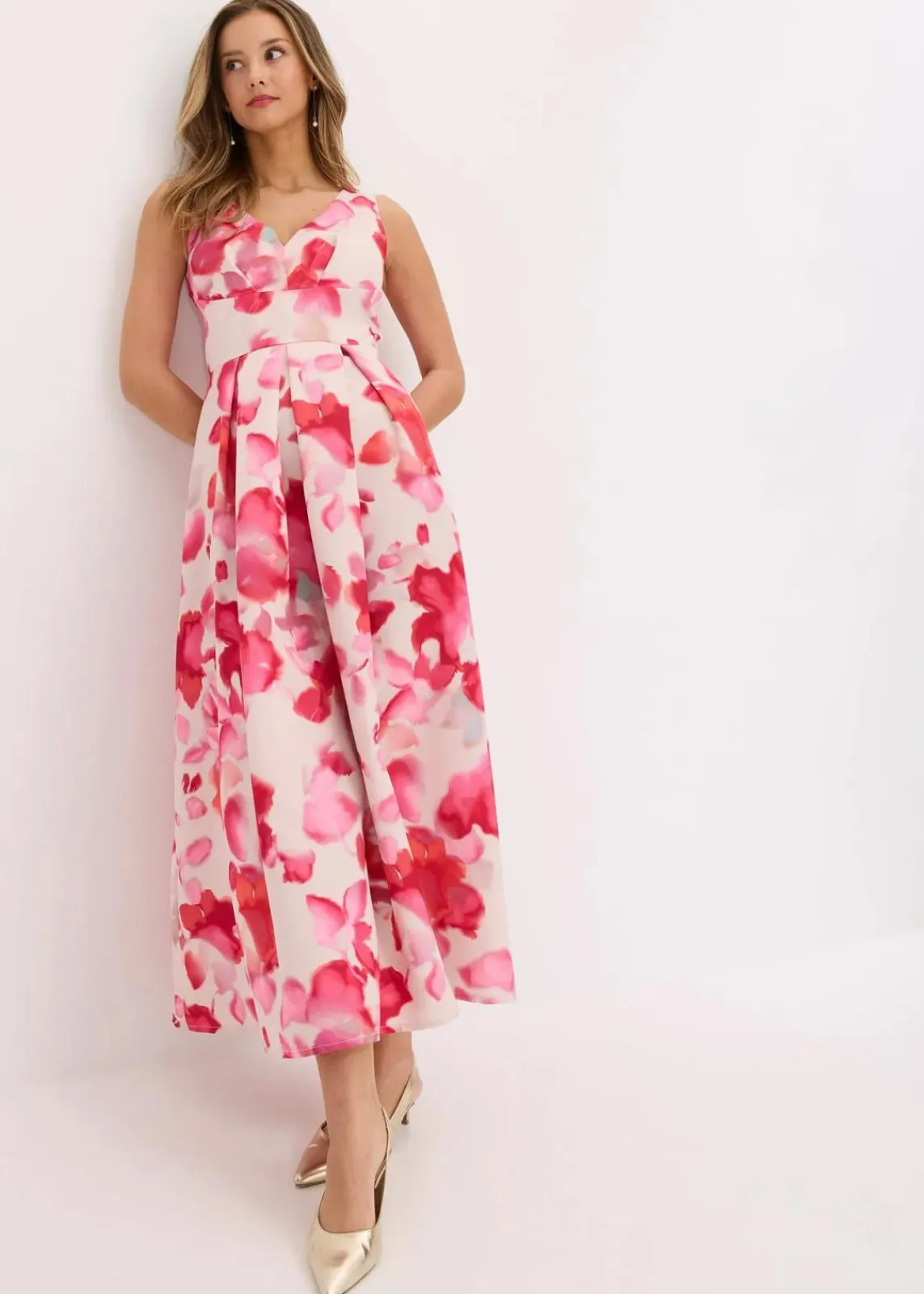 bonprix Bekleidung·Pullover & Strickjacken|Festliche Mode^Maxikleid aus glänzendem Satin weiß/hellrot floral