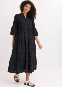 bonprix Kleider^Maxikleid aus reiner Baumwolle mit Lochstickerei schwarz