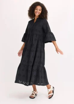 bonprix Kleider^Maxikleid aus reiner Baumwolle mit Lochstickerei schwarz
