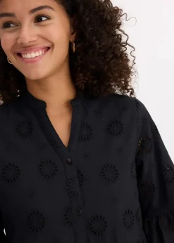 bonprix Kleider^Maxikleid aus reiner Baumwolle mit Lochstickerei schwarz