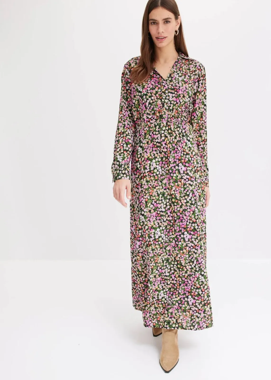 bonprix Nachhaltigere Materialien|Bekleidung·Pullover & Strickjacken^Maxikleid aus reiner Viskose pink/hellgrün geblümt
