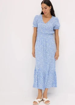 bonprix Nachhaltigere Materialien|Kleider^Maxikleid aus reiner Viskose blau/weiß geblümt