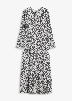 bonprix Bekleidung·Pullover & Strickjacken|Kleider^Maxikleid aus reiner Viskose wollweiß/anthrazit leo bedruckt