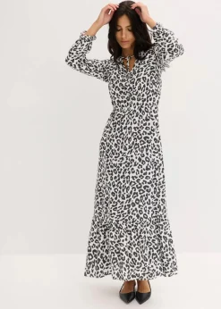 bonprix Bekleidung·Pullover & Strickjacken|Kleider^Maxikleid aus reiner Viskose wollweiß/anthrazit leo bedruckt