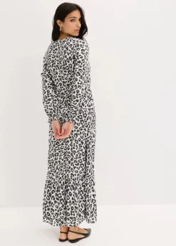 bonprix Bekleidung·Pullover & Strickjacken|Kleider^Maxikleid aus reiner Viskose wollweiß/anthrazit leo bedruckt
