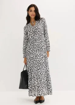 bonprix Bekleidung·Pullover & Strickjacken|Kleider^Maxikleid aus reiner Viskose wollweiß/anthrazit leo bedruckt