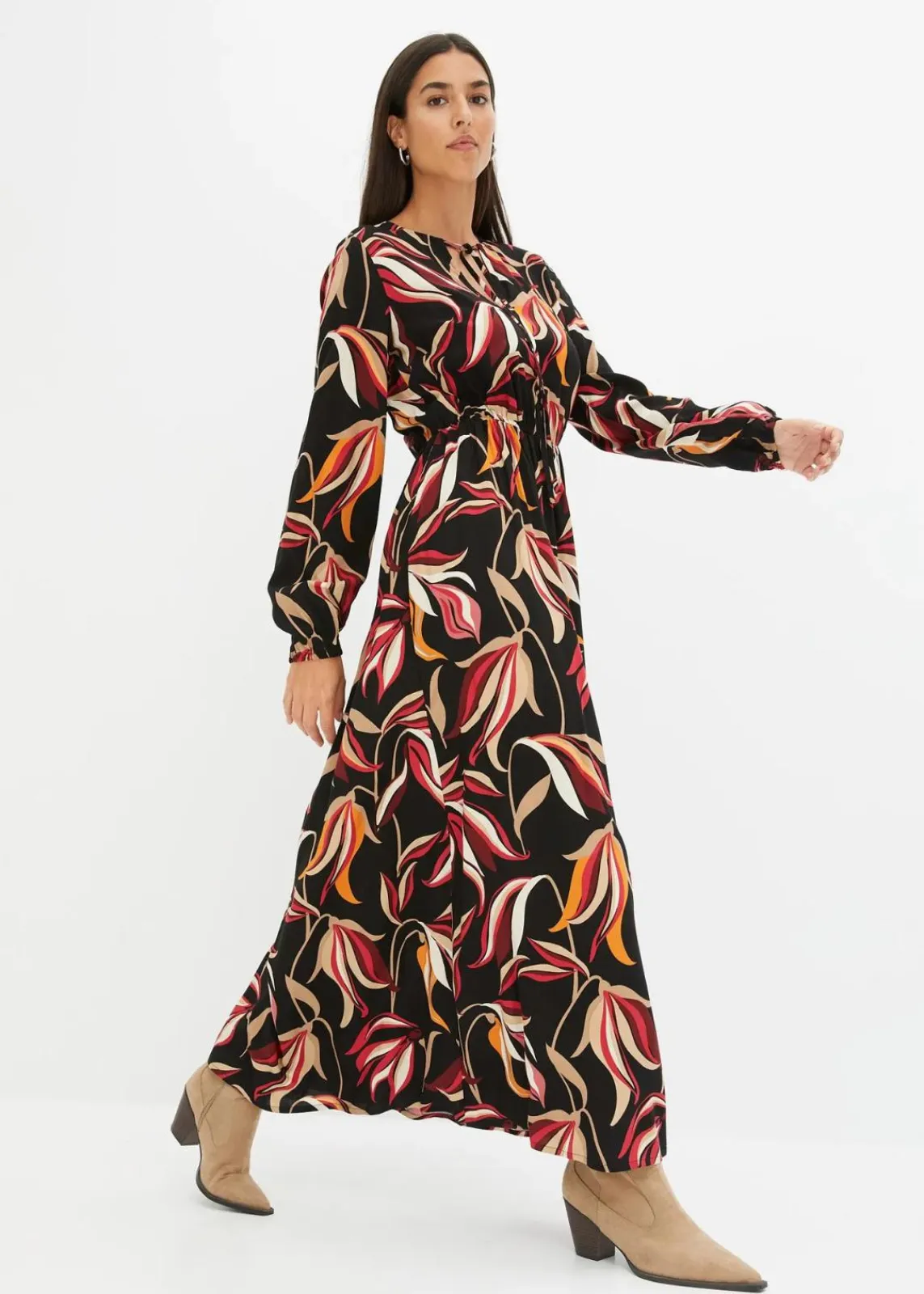 bonprix Bekleidung·Pullover & Strickjacken|Kleider^Maxikleid aus reiner Viskose schwarz floral