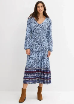 bonprix Bekleidung·Pullover & Strickjacken|Kleider^Maxikleid aus softem Viskose-Elasthan-Mix dunkelblau/hellblau/himmelblau/wollweiß/rubinrot bedruckt