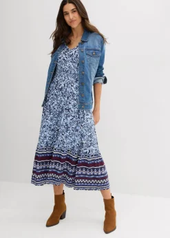 bonprix Bekleidung·Pullover & Strickjacken|Kleider^Maxikleid aus softem Viskose-Elasthan-Mix dunkelblau/hellblau/himmelblau/wollweiß/rubinrot bedruckt