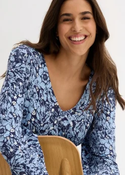 bonprix Bekleidung·Pullover & Strickjacken|Kleider^Maxikleid aus softem Viskose-Elasthan-Mix dunkelblau/hellblau/himmelblau/wollweiß/rubinrot bedruckt