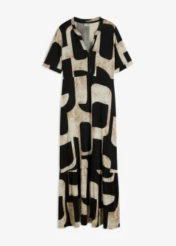 bonprix Nachhaltigere Materialien|Kleider^Maxikleid aus softem Viskose-Mix schwarz/creme graphisch bedruckt
