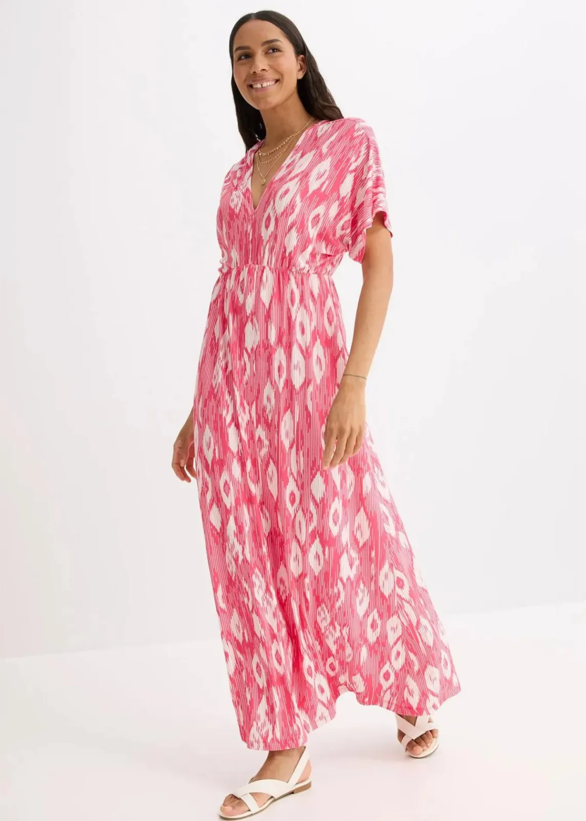 bonprix Bekleidung·Pullover & Strickjacken|Kleider^Maxikleid aus softem Viskose-Mix pink/weiß bedruckt