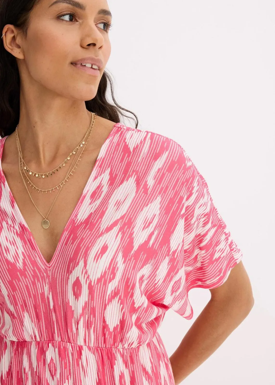 bonprix Bekleidung·Pullover & Strickjacken|Kleider^Maxikleid aus softem Viskose-Mix pink/weiß bedruckt