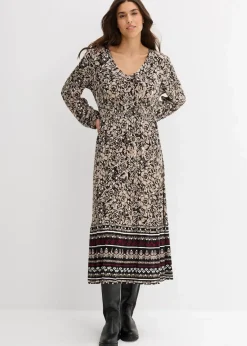 bonprix Kleider|Bekleidung·Pullover & Strickjacken^Maxikleid aus softem Viskose-Elasthan-Mix sand/khakibeige/wollweiß/rubinrot bedruckt
