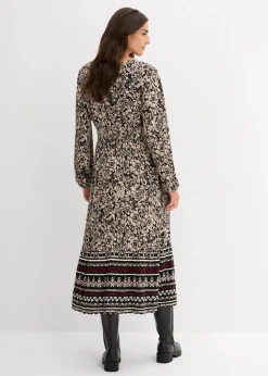bonprix Kleider|Bekleidung·Pullover & Strickjacken^Maxikleid aus softem Viskose-Elasthan-Mix sand/khakibeige/wollweiß/rubinrot bedruckt