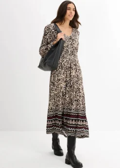 bonprix Kleider|Bekleidung·Pullover & Strickjacken^Maxikleid aus softem Viskose-Elasthan-Mix sand/khakibeige/wollweiß/rubinrot bedruckt