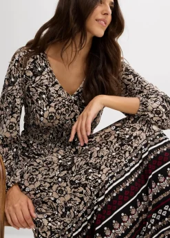 bonprix Kleider|Bekleidung·Pullover & Strickjacken^Maxikleid aus softem Viskose-Elasthan-Mix sand/khakibeige/wollweiß/rubinrot bedruckt
