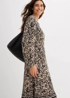 bonprix Kleider|Bekleidung·Pullover & Strickjacken^Maxikleid aus softem Viskose-Elasthan-Mix sand/khakibeige/wollweiß/rubinrot bedruckt