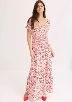 bonprix Nachhaltigere Materialien|Kleider^Maxikleid aus Viskose-Mix wollweiß/erdbeere geblümt