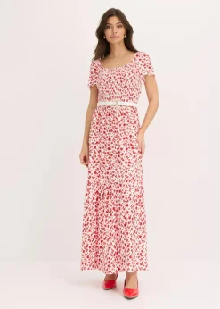 bonprix Nachhaltigere Materialien|Kleider^Maxikleid aus Viskose-Mix wollweiß/erdbeere geblümt