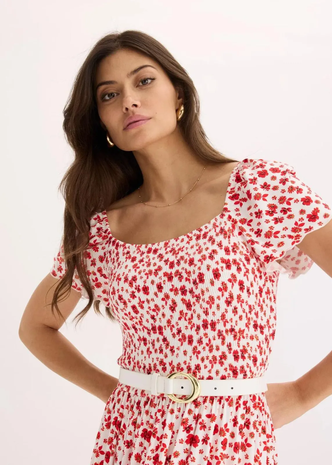 bonprix Nachhaltigere Materialien|Kleider^Maxikleid aus Viskose-Mix wollweiß/erdbeere geblümt