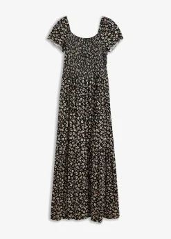 bonprix Bekleidung·Pullover & Strickjacken|Kleider^Maxikleid aus Viskose-Mix schwarz/wollweiß geblümt