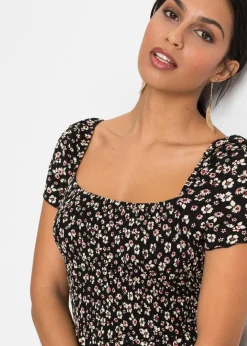 bonprix Bekleidung·Pullover & Strickjacken|Kleider^Maxikleid aus Viskose-Mix schwarz/wollweiß geblümt