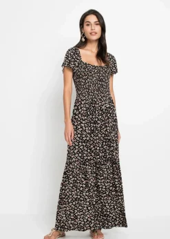 bonprix Kurzgrößen|Kurzgrößen^Maxikleid aus Viskose-Mix schwarz/wollweiß geblümt