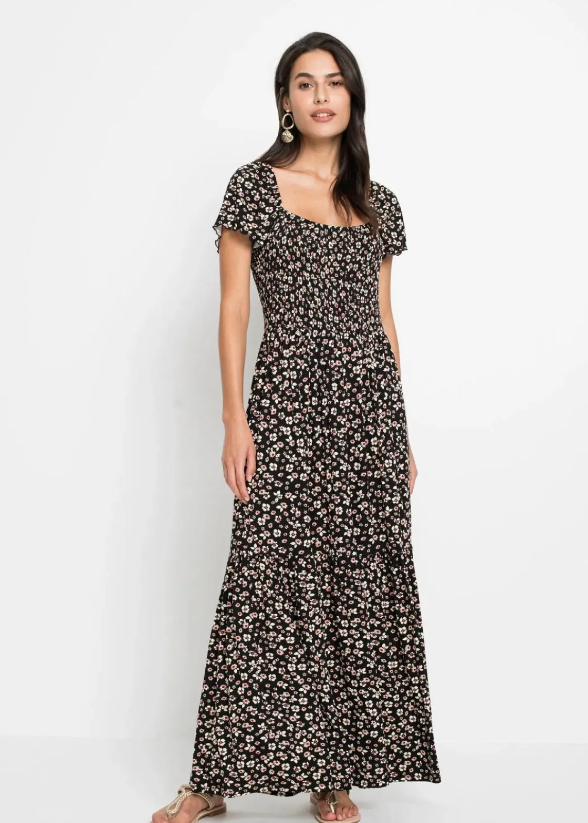 bonprix Kurzgrößen|Kurzgrößen^Maxikleid aus Viskose-Mix schwarz/wollweiß geblümt