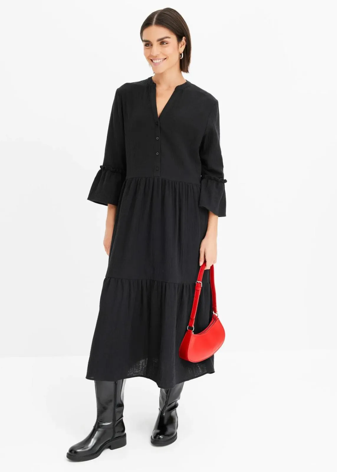 bonprix Bekleidung·Pullover & Strickjacken|Kleider^Maxikleid aus weichem Musselin schwarz